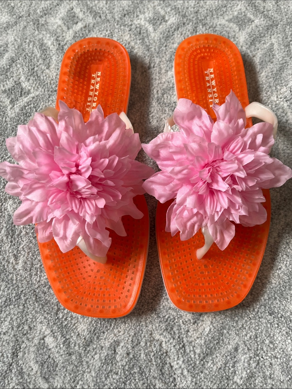 Vintage New York Transit Jelly Pink Flower Orange Flip Flop Sandals